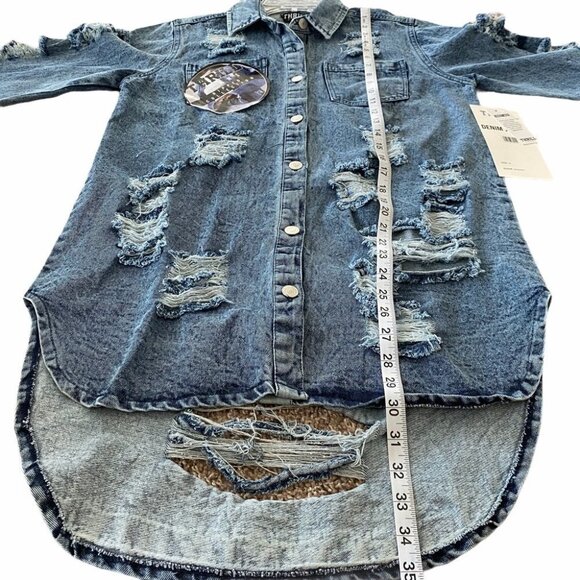 NEW THRILL Destroyed Long Denim Jacket Sz M - Picture 13 of 15